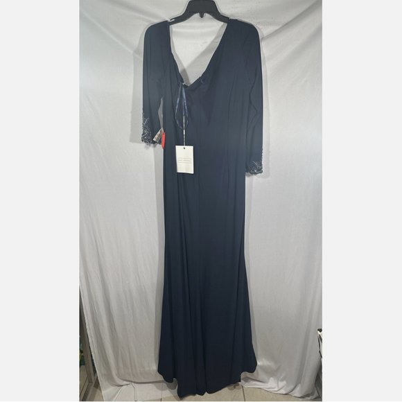 NWT Mac Duggal [ Plus 18W ] Ruched‎ One-Shoulder Long-Sleeve Gown Blue - Picture 7 of 16
